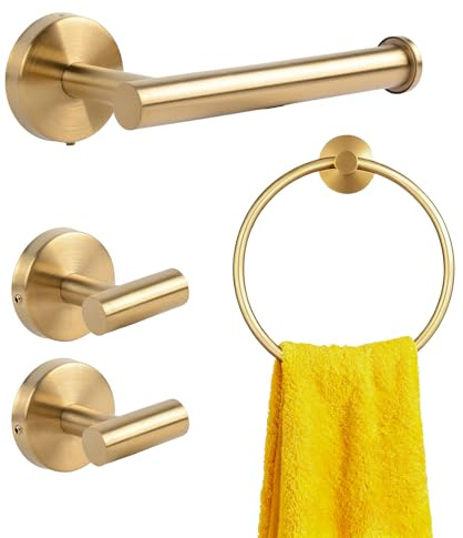 Bathroom Hardware Set 4 Pieces, Includes Toilet Paper Holder, Towel Rack, Wall Mounted Stainless Steel Towel Ring Hooks and Robe Hook, Brushed Gold