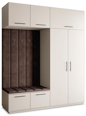 Masseno Flugarderoben Set Rema, Kleiderschrank-Set mit Sitzbank, Garderobenschrank Flur mit 5 Regalböden, Kaschmir
