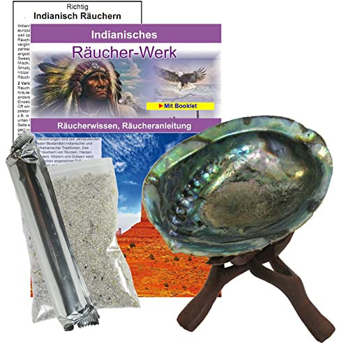 Räuchern mit Räuchermuschel/Räucherschale aus Seeopal 12-14 cm + Räucherkohle & Zubehör. 5-TLG Set mit Sand + Anleitung + Räucher Booklet. 81576