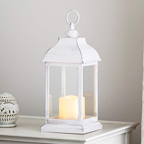 Lights4fun Set of 3 Distressed White Candle Lanterns Battery LED Indoor Outdoor Use with Timer 30cm