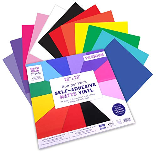 First Edition Self Adhesive Vinyl 12” x 12” Bumper Pack-Matte-12 Colours-52 inc 4 x Transfer Tape Sheets-Easy to Cut and Weed-Compatible with Cricut & Other Machines, Multicolour, 12x12