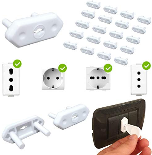 HOUSEVAG® Copriprese per Bambini - 20 Copriprese Bambini Universali Italiane e Schuko, Copri Presa Elettrica per Sicurezza Bambini-Copripresa Elettrica per Bambini CON BUSTA RICHIUDIBILE (Bianco)