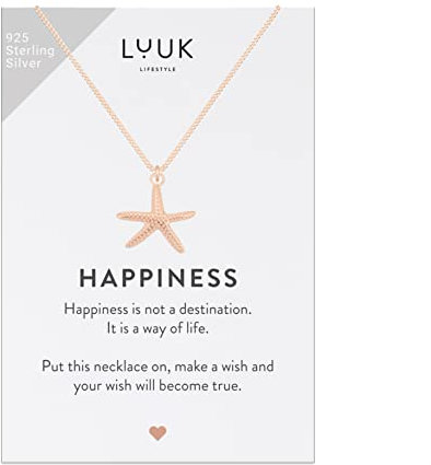 LUUK LIFESTYLE Halskette mit Seestern Anhänger und HAPPINESS Karte, 925er Sterlingsilber, Geschenkidee für Frauen & modernes Modeaccessoire, verstellbare Kette, Rosé