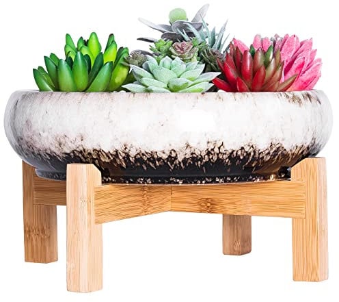 ARTKETTY Pot de Fleurs, Grand Pot de Succulentes avec Drainage Pot de Bonsaï Rond avec Support Pot en Céramique pour Plantes Cactus