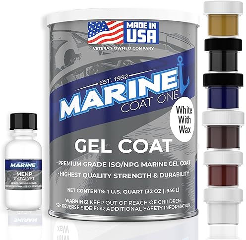 Marine Coat One Iso/Npg Gel Coat White with Wax with MEKP Catalyst for Hardening, with 6 Color Tinting Pigments, Gel Coat Repair Kit for Boats, Fiberglass (1 Quart)