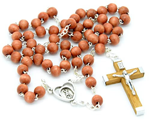 Rosario Religioso Vergine di Fatima, 59 perline di legno. Croce in legno 5 cm e borsa stampata, convertibile in collana tramite moschettoni. Rosario Legno marrone VF