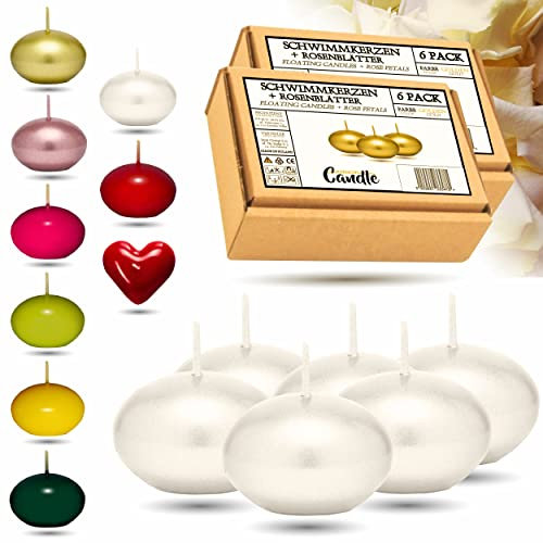 CANDLE HARMONY© Bougies flottantes 6 STK Ø 40 mm avec pétales de rose GRATUIT Couleurs festives Bougie flottante Anniversaire Saint Valentin Pâques Noël Christmas Candles Bougies (Perle)