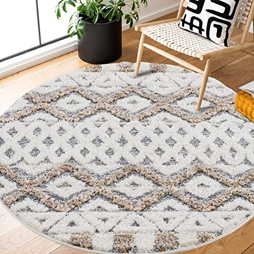 Teppich Rund - Hochflor - 120x120cm - Ethno - Skandinavisch - Pastell Cream Multi - Modern Raute Muster - Flauschig - Wohnteppich Schlafzimmer Dekoration