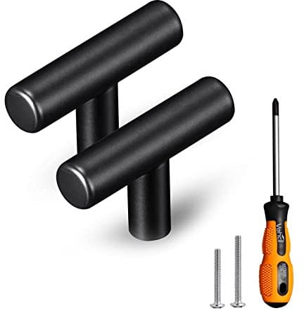 VEHCIL 20 Pack T Bar Round Black Cabinet Knobs Kitchen Cupboard Handles, Single Hole Cabinet Drawer Handles Pull for Cupboard Closet Bathroom Dresser Door Knobs, Stainless Steel