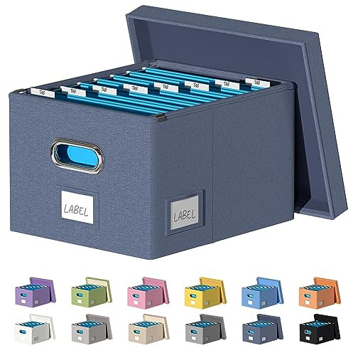 DYWMM Collapsible Storage Box with Lids Document Organizer for Office and Home - Easy Slide, Durable Hanging File Box (Navy Blue)