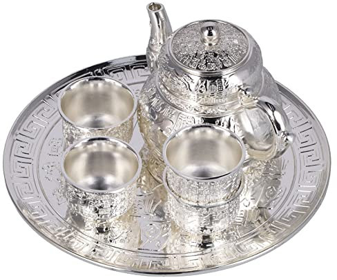 Vintage Metal Teapot Sets, Coffee Pot Tea Set with 4 Cups Stainless Steel Tea Pot with Tea Tray for Serving Tea Teapot for Wedding