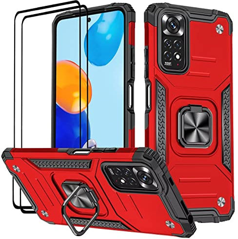 KANSi Coque pour Xiaomi Redmi Note 11 Pro/Note 11 Pro 5G, Verre Trempé [2 Pièces] + Housse TPU Silicone Rotation 360° Aimant Anneau Support Double Défense Protection Etui - Rouge