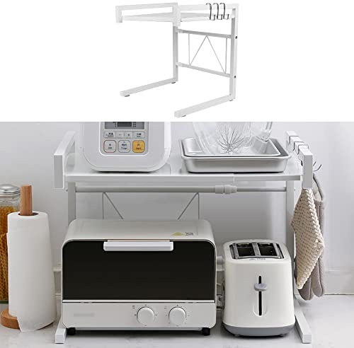 MINGYI Étagères Télescopique Cuisine, Étagère Rangement Cuisine avec 3 Crochets, Longueur Réglable (40-65) cm, Support de Four à Micro-Ondes, Étagères à Épices, Blanc (40-65)×36,5×42 cm