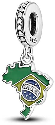 M&S Brazil Charm Map I Love Brasil Football Country Flag Charm Bead Pendant, 925 Sterling Silver Dangle Charm, Compatible With Pandora & European Bracelet …