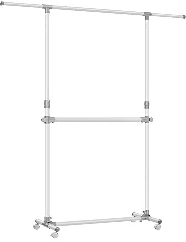 SONGMICS Portant à Vêtements Double Barre, Porte-manteau, Porte-vêtements, Hauteur Réglable de 113 à 180 cm, Barre Centrale Réglable, Blanc LLR401W01