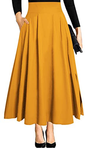 Gelber Maxirock Rock Festival Outfit Damen mit Schlitz Taschenmidi Hohem Bund Lange Midi Plissee a Linien Strand Faltenrock Plisseerock Sommerrock Leicht Strandrock Hochzeit XL