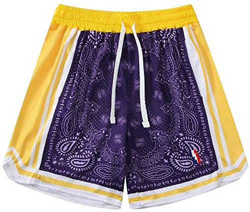 DIOTSR Pantaloncini da basket da uomo, casual, con grafica retrò, pantaloncini sportivi da corsa, streetwear, pantaloncini con tasche, Paisley 1 - Viola, M