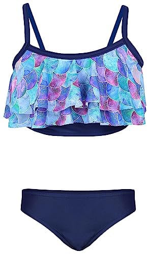 Aquarti Mädchen Bikini Set Bustier Bikinislip Zweiteiliger Badeanzug, Farbe: 030A mit Rüschen/Meerjungfrau Lila/Dunkelblau, Größe: 140
