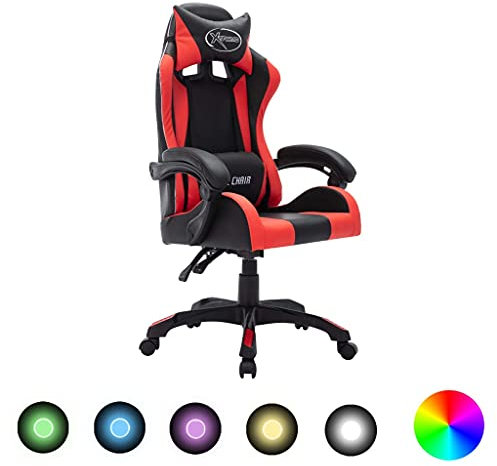 vidaXL Silla Gaming con Luces LED RGB Giratoria Asiento Sillón Escritorio Videojuegos Oficina Despacho Ordenador Cuero Sintético Rojo y Negro