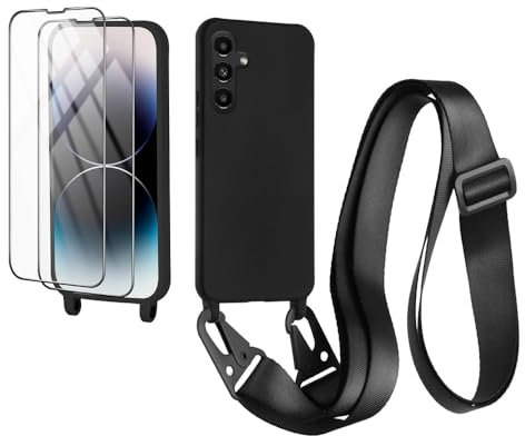 CaseLover Handyband für Samsung Galaxy A54 5G Hülle mit Band, Premium Flüssiges Silikon Necklace Handyhülle mit 2 Stück Schutzfolie Verstellbarer Kordel zum Umhängen Stossfest Schutzhülle, Schwarz