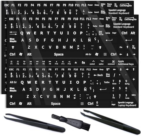 Spanish Keyboard Stickers, Keyboard Letter Stickers, Sticker White Font On Black Background For Computer Laptop Notebook Desktop, Matte Keyboard Alphabet Stickers (Spanish Layout, Glossy)
