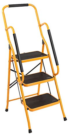 Karlhome 3-Step Folding DIY Step Ladder With Safety Handrail, Heavy Duty Steel Step Stool w/Non-Slip Side Armrests Large Pedal Area, 150kg Capacity, 130cm, Yellow