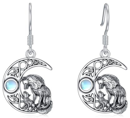 ROMANTICWORK Wolf Ohrringe 925 Sterling Silber Mondstein Wolf Hängend Ohrringe Mutter Tochter Wolf Schmuck Geschenke für Damen Mädchen