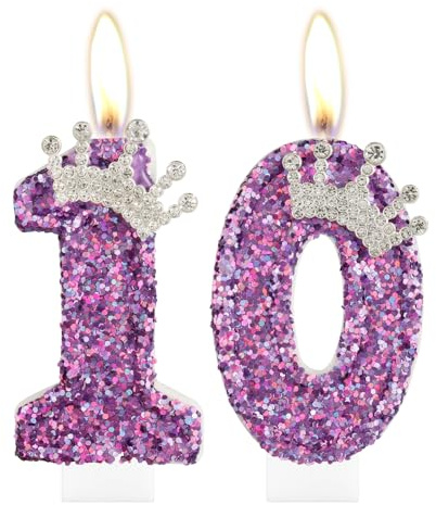 Bougies de 10e anniversaire pour filles, couronne violette en forme de chiffre 10 pour décoration de gâteau, fête d'anniversaire, anniversaire de mariage, fournitures de célébration