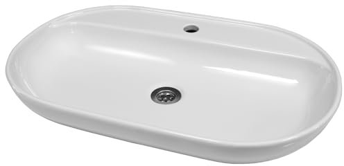 Waschbecken Paradise| Weiß | Aufsatzwaschbecken mit Hahnloch & Überlauf | 69,5 x 10 x 43,5 cm | ovale Form | Glattes Finish | Gästewaschbecken Handwaschbecken Badezimmer WC