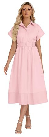 Ladyful Lässiges Hemdkleid für Damen, Knopfleiste, kurze Flügelärmel, Midi-Hemdkleid mit Gürtel, elegantes Kleid, Helles Pink, X-Groß