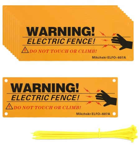 Warnschilder für Elektrozaun, mit 40 Kabelbändern, 25,4 x 8,9 cm, Kunststoff, gelb, für Elektrozaun, Warnschild für Gefahr, Elektrozaun, Bauernhof, Zuhause, 10 Stück