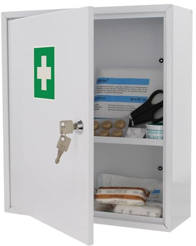 Rottner Medizinschrank Charlotte Stahl weiß Aufkleber Zylinderschloss 2 Schlüssel 1 Fach Ablage inkl. Befestigungsmaterial