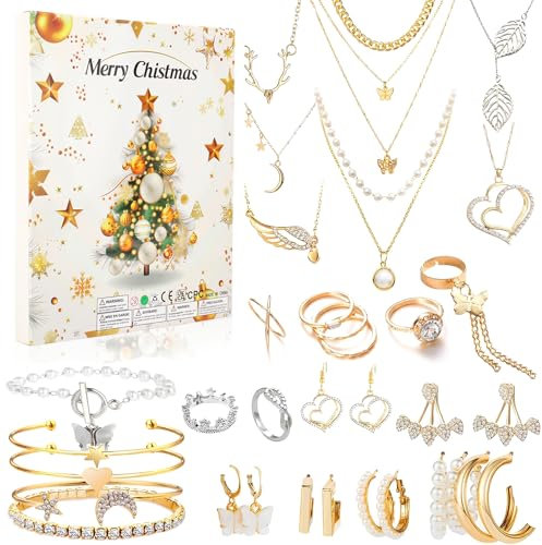 KEEHOM Schmuck Adventskalender 2024 Frauen Erwachsene, Weihnachtskalender Teenager mit 24 Überraschungen Weihnachten Kette Armkette Ringe Ohrstecker