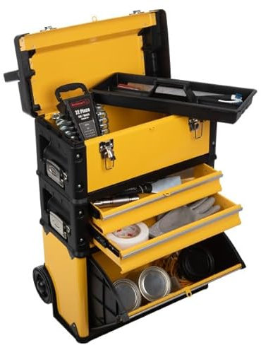 Stalwart Rolling Tool Box with Wheels - Stackable Tool Box Organizer - Portable Metal Toolbox Tool Chest with Drawers for Garage Workshop (Yellow)