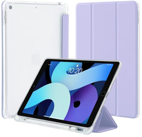 4UBonLife Funda para iPad 9.ª/8.ª/ 7.ª Generación (2021/2020/2019) 10,2 Pulgadas con Portalápiz, Protectora Cover de TPU Carcasa Delgada Ligera Translúcido Esmerilado Trasera Cubierta, Púrpura Claro