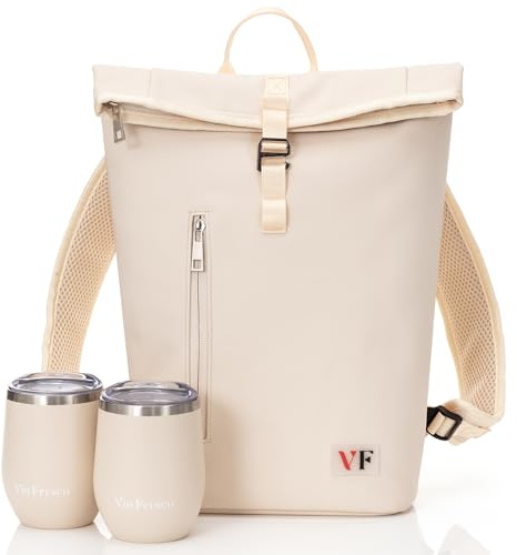 VIN FRESCO Two Bottle Rolltop Wine Tote – PU Leather Wine Carrier Backpack with Two Tumblers, Padded Straps & Compartments, Beige, Large Standard, Modern