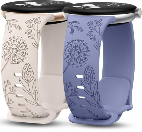 TOYOUTHS 2 Stück Floral Gravierte Armband Kompatibel mit Google Pixel Watch 3 41mm/Pixel Watch 2/Pixel Watch Damen, Weich Silikon Fancy Löwenzahn Blume Sport Armband für Pixel Watch 2, Polarstern/Blau