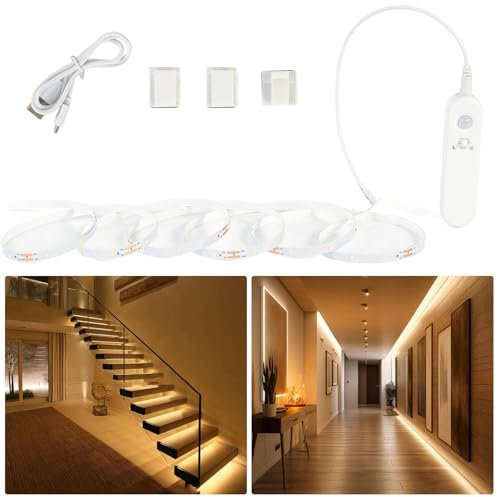 Hoobabuy Led Strip mit Bewegungsmelder und Lichtsensor, Wiederaufladbar Batterie, Led Band Wiederaufladbare Kleiderschrank Beleuchtung, für Treppen, Babyzimmer, Küche, 2M, Warmweiß 2700K