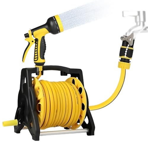 Schlauchtrommel mit Gartenschlauch 30m, Schlauchaufroller UV-Beständiger, Gartenschlauchtrommel mit 10 Strahlarten und Klappbarem Griff, für Autowaschen, Pflanzenbewässern, Hofreinigen Usw