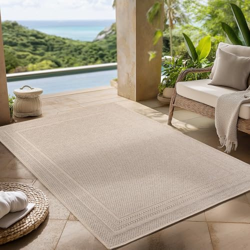 Carpettex Outdoor Teppich wetterfest Beige 160x230 cm, UV-beständig, ideal für Küche, Balkon, Terrasse, Garten auch Wohnzimmer und Esszimmer, Einfarbiges Design mit Bordüre