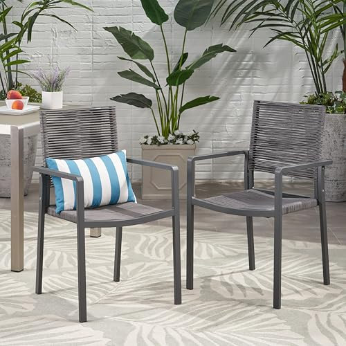 Outdoor Dining with Modern Aluminum Chairs, Unique Rope Weave Design, Set of 2, Gray and Dark Gray