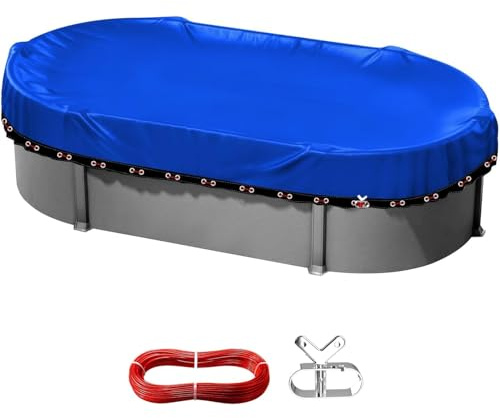Aibiley 12x24 ft Oval Solar Pool Cover for Above Ground Winter Pool, Rectangle Winter Pools Cover Heavy Duty Durable Tearproof PE Material,Cold-Resistant Snowproof,Winch and Cable Set Blue