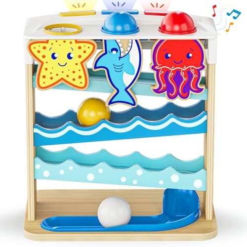 Move2Play, Feed The Fish | 30+ Fin-Tastic Songs & Phrases | Baby & Toddler Musical Toy | First Birthday Present for 1+ Year Old | Ages 6-24 Months | Boy & Girl Ball Drop Toy (Feed The Fish - Wood)