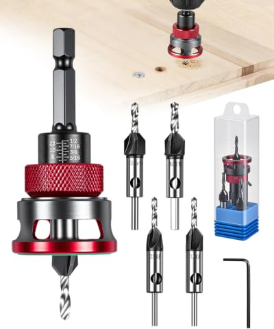 7PCS Countersink Drill Bits Set with Adjustable Depth Stop, 6.35mm Hex Shank, 4 HSS M2 Tapered Bits and Wrench, 82°Counter Bore for Woodworking, Plywood, MDF and DIY