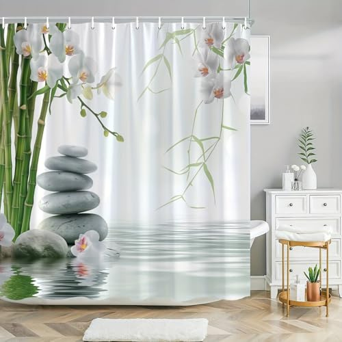 Wasserdichter Duschvorhang mit Zen-inspiriertem Design, verziert mit gestapelten Steinen, Bambusorchideen und Badewannenmotiven (90 x 200 cm / 35 x 79 Zoll (B x H))