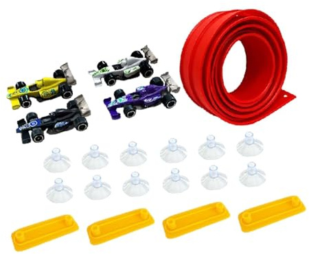 Harilla Flexible Rennbahn, tragbares Spielzeug mit 4 Metall-Druckgussautos, Spielzeug für ab 3 Jahren, Jungen und Mädchen, Rot 4m