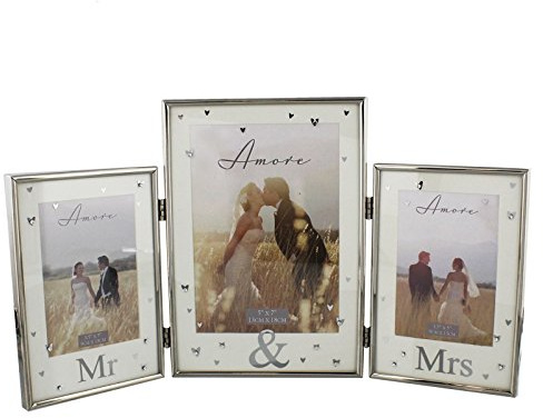 Amore Silver Plated Mr and Mrs Photo Frame Crystal Heart 3 Pictures Wedding Gift