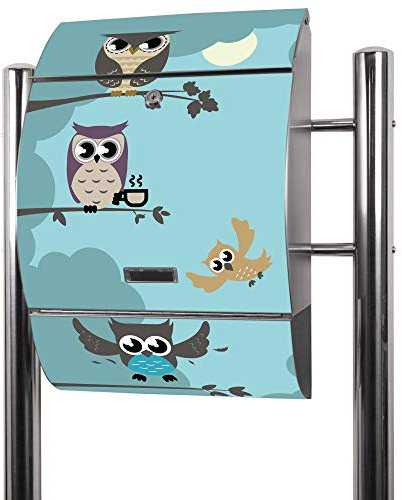 banjado® Standbriefkasten Edelstahl mit Zeitungsfach Motiv Acht Eulen/Briefkasten mit Standfuß/Edelstahl Briefkasten freistehend - A4 Einwurf inkl. 2 Schlüssel