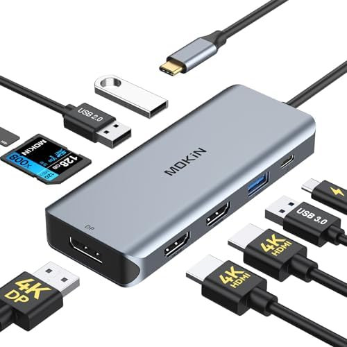 Hub USB C Dual HDMI, Adaptateur Multiport 9 en 1 vers Double HDMI, DisplayPort, 3 USB, 100W PD et Lecture Carte SD/TF, Docking Station pour MacBook Huawei MateBook Tablette Type C