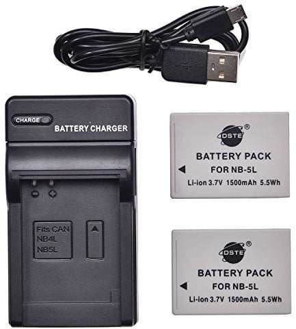 DSTE NB-5L - Set di 2 batterie agli ioni di litio e caricatore micro USB, compatibile con Canon PowerShot S100, S110, SD900 is,SD950 is,SD970 is,SD990 is,SX200 is,SX210 is,SX220 is,SX230 HS